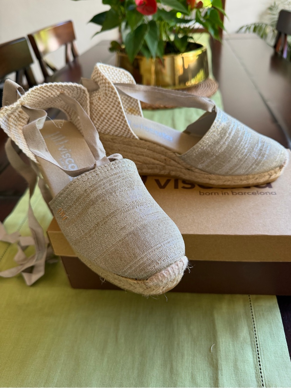 Viscata Escala Gold Espadrille Wedge Sandals with Ankle Tie
